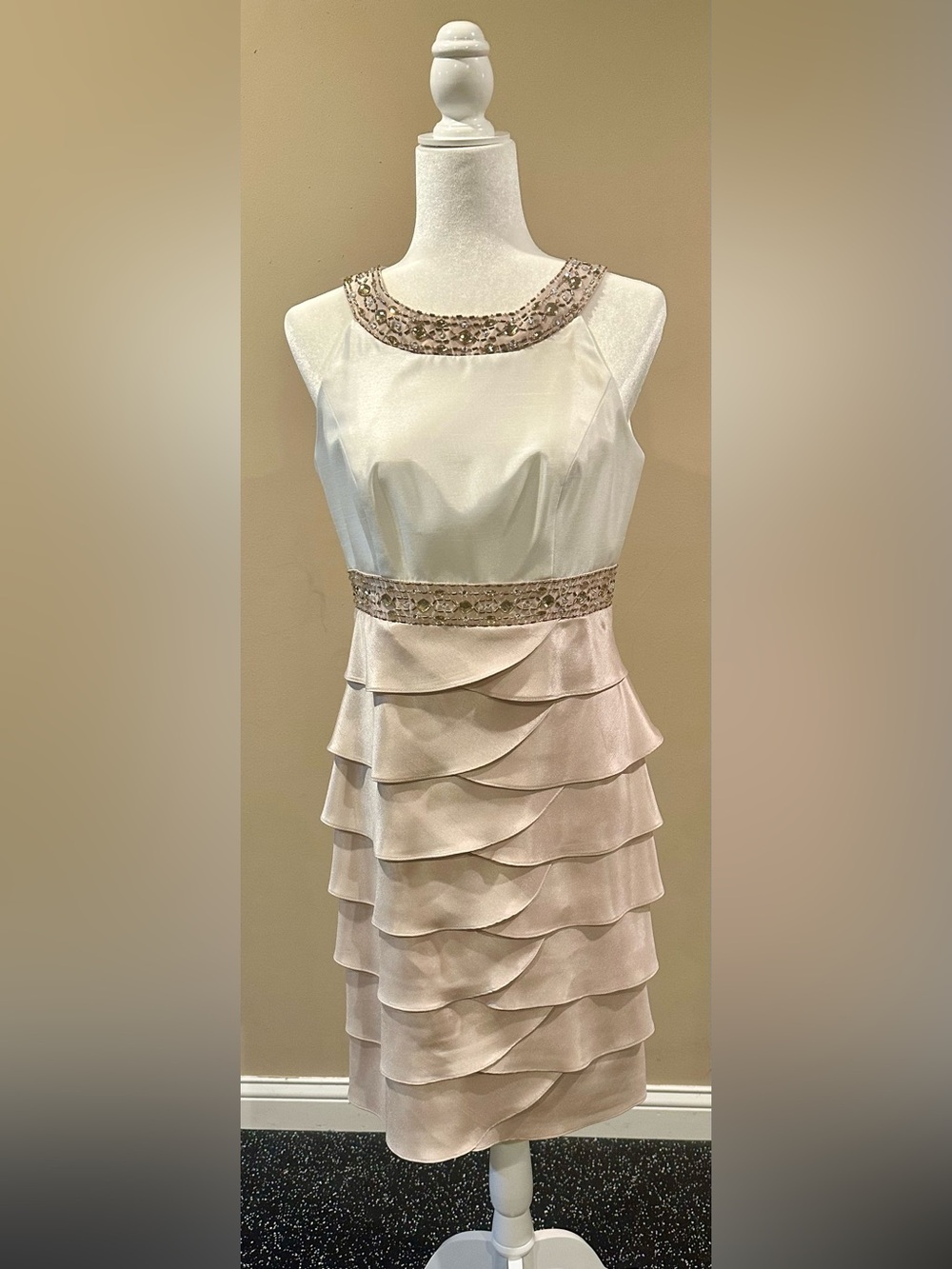 Jessica Cream Beaded Neckline Tiered Ruffle Sheath Dress
